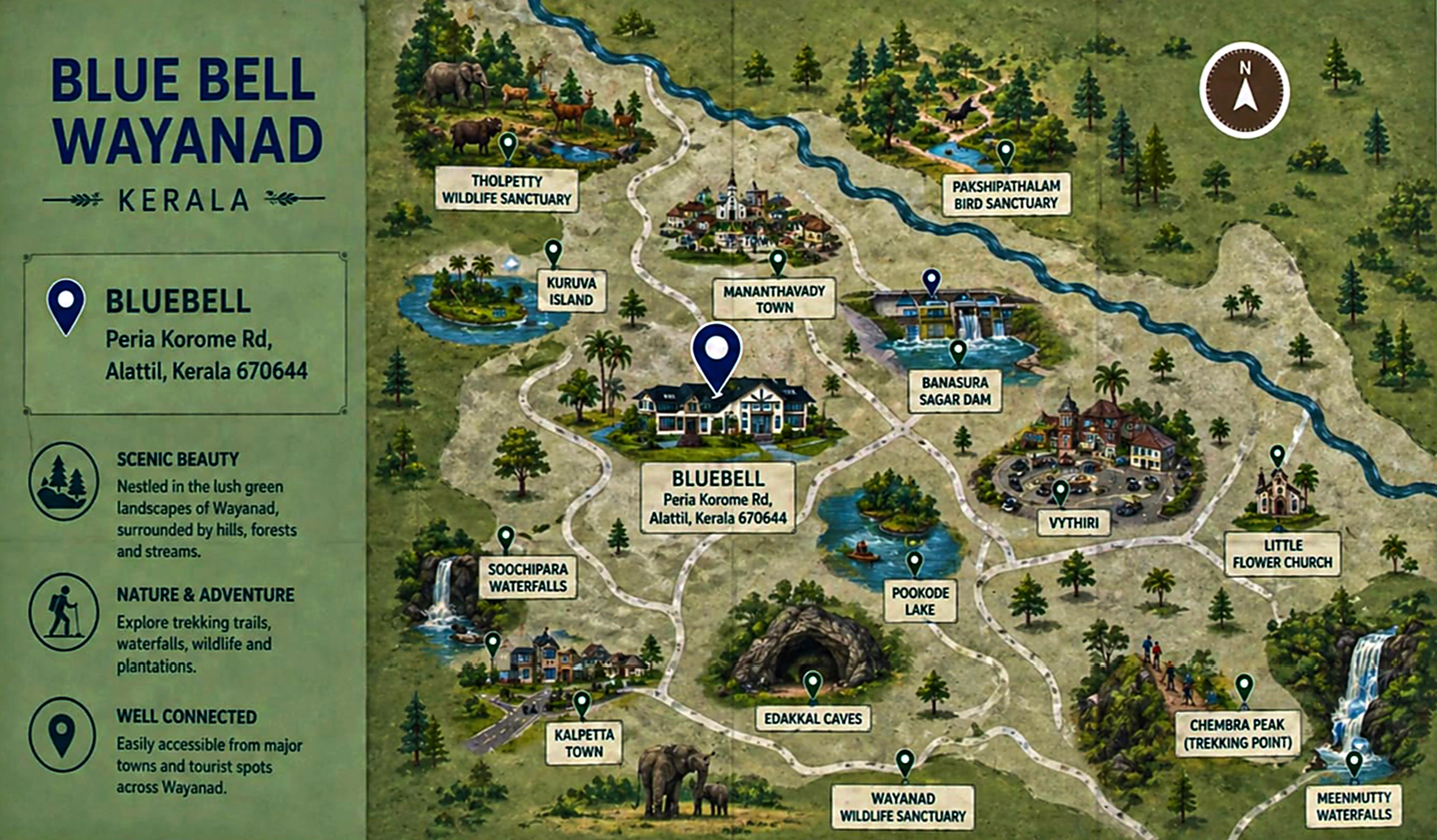 Illustrated map of Wayanad showing Blue Bell's location and nearby attractions